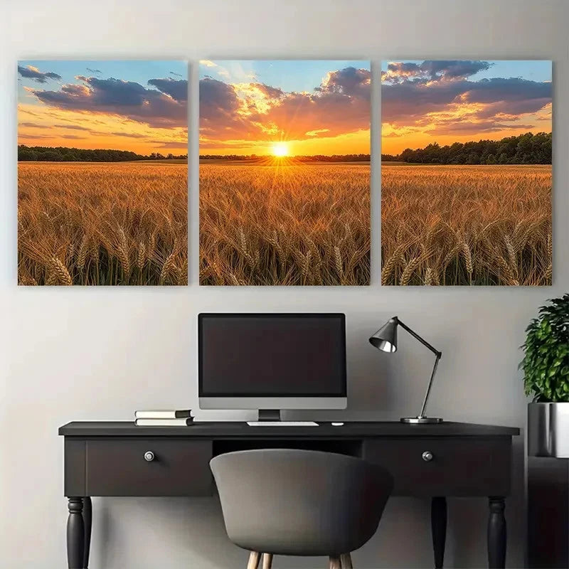 3pcs Serene Rural Wheat Field Sunset Illustration Metal Print Ready to Hang Art