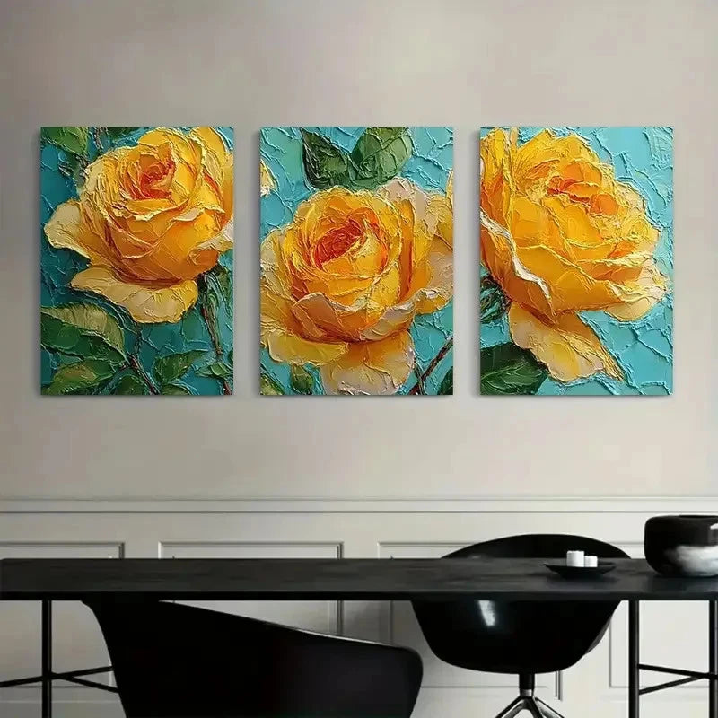 3pcs Vibrant Blue & Yellow Rose Abstract Design Metal Print Ready to Hang Art
