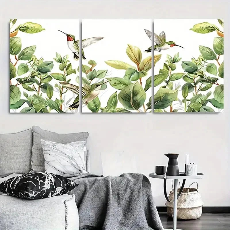 3pcs Green Leaves & Colorful Hummingbirds Wall Art Set Canvas Framed 40x60cm - High Quality Print 100% Australian Made Wall Canvas Ready to Hang