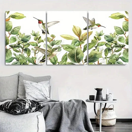3pcs Green Leaves & Colorful Hummingbirds Wall Art Set Canvas Framed 40x60cm - High Quality Print 100% Australian Made Wall Canvas Ready to Hang