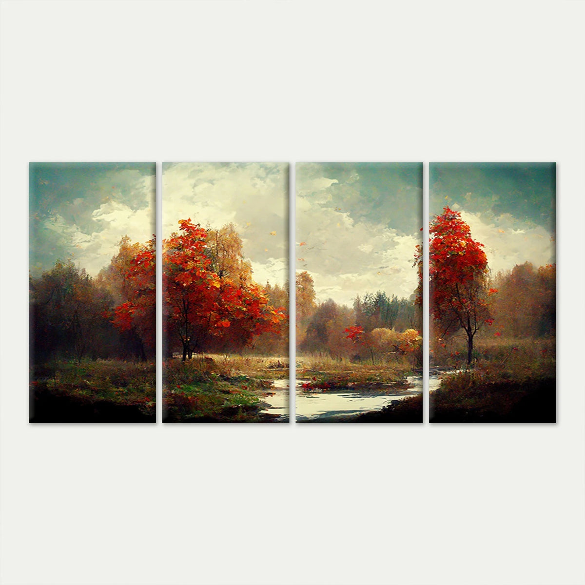4pcs Autumn Landscape River and Red Trees Wall Art Canvas Framed 45x80cm - High Quality Print 100% Australian Made Wall Canvas Ready to Hang