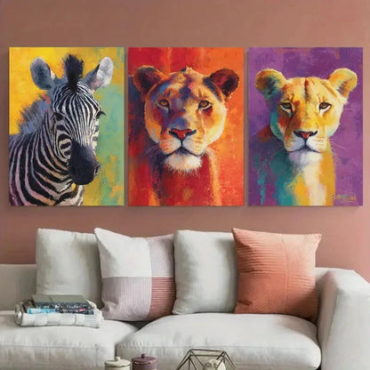 3pcs Lion and Zebra Vibrant Illustrationn Wall Art Set Canvas Framed 40x60cm - High Quality Print 100% Australian Made Wall Canvas Ready to Hang