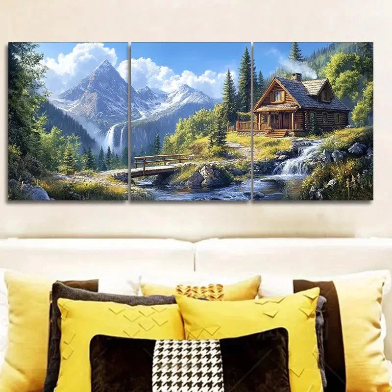 3pcs Mountain Forest Landscape with Cabin Metal Print Ready to Hang Art