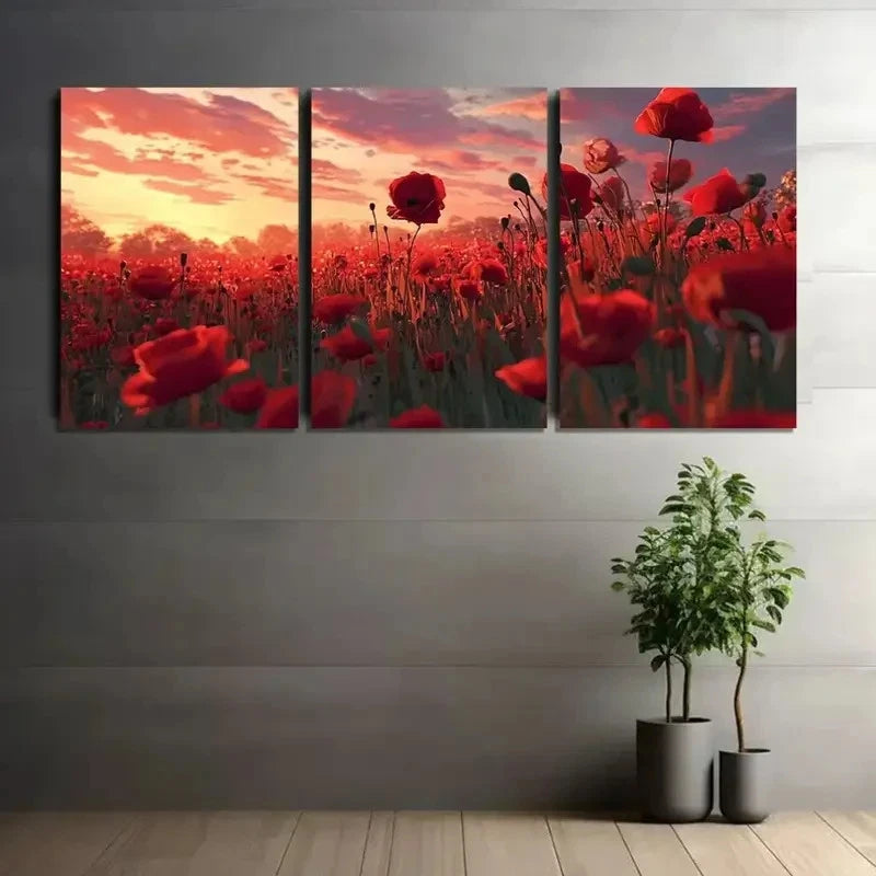 3pcs Art Painting Red Poppy Field at Sunset Metal Print Ready to Hang Art