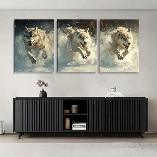 3pcs White Wolves in Snow Winter Wild Perfect Wall Art Set Canvas Framed 40x60cm - High Quality Print 100% Australian Made Wall Canvas Ready to Hang