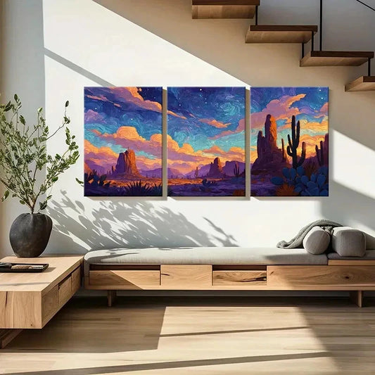 3pcs Desert Landscape Starry Sky Cactus Metal Print Ready to Hang Art
