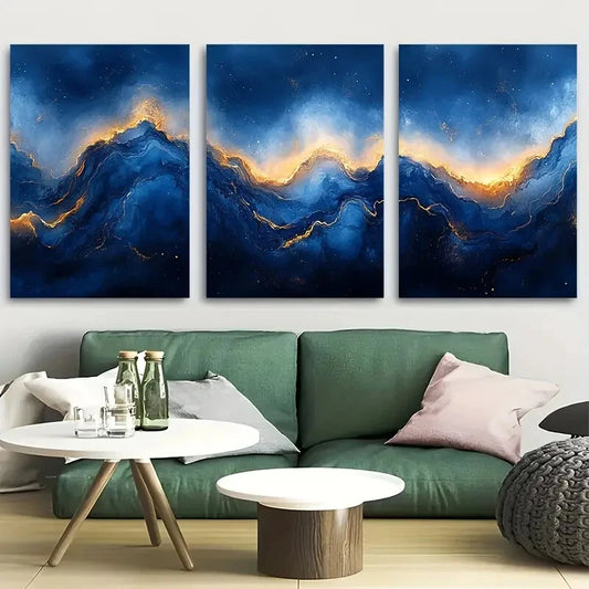 3pcs Vibrant Abstract Blue Marble Watercolor Metal Print Ready to Hang Art