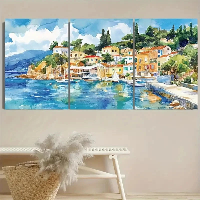 3pcs Greece Travel Greek Ionian Sea Coastal Wall Art Set Canvas Framed 50x70cm - High Quality Print 100% Australian Made Wall Canvas Ready to Hang