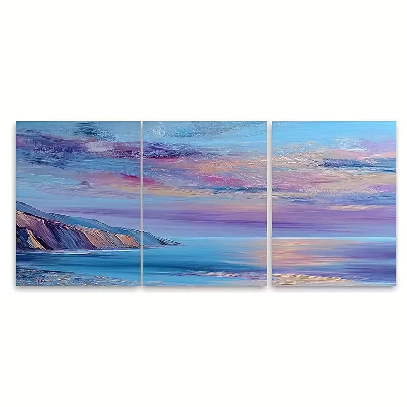 3pcs Tranquil Coastal Sunset Oil Painting Metal Print Ready to Hang Art