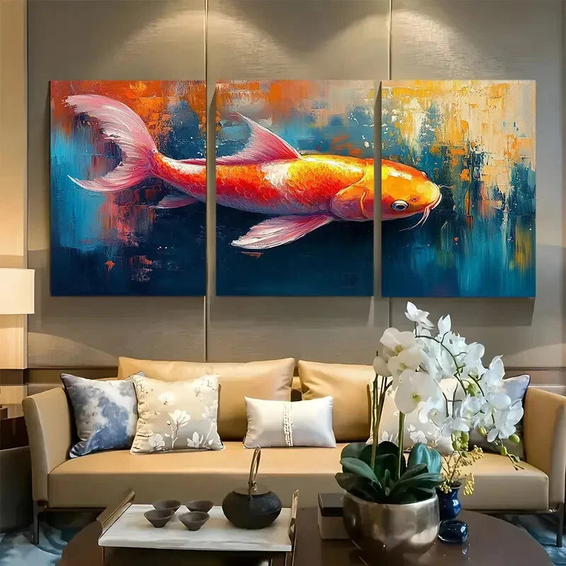 3pcs Koi Fish Painting Pink Abstract Zen Metal Print Ready to Hang Art