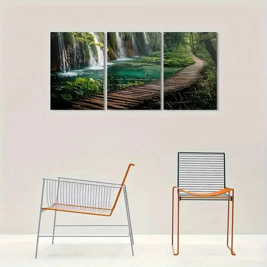 3pcs Nature'S Tranquility: Wooden Pathway Metal Print Ready to Hang Art