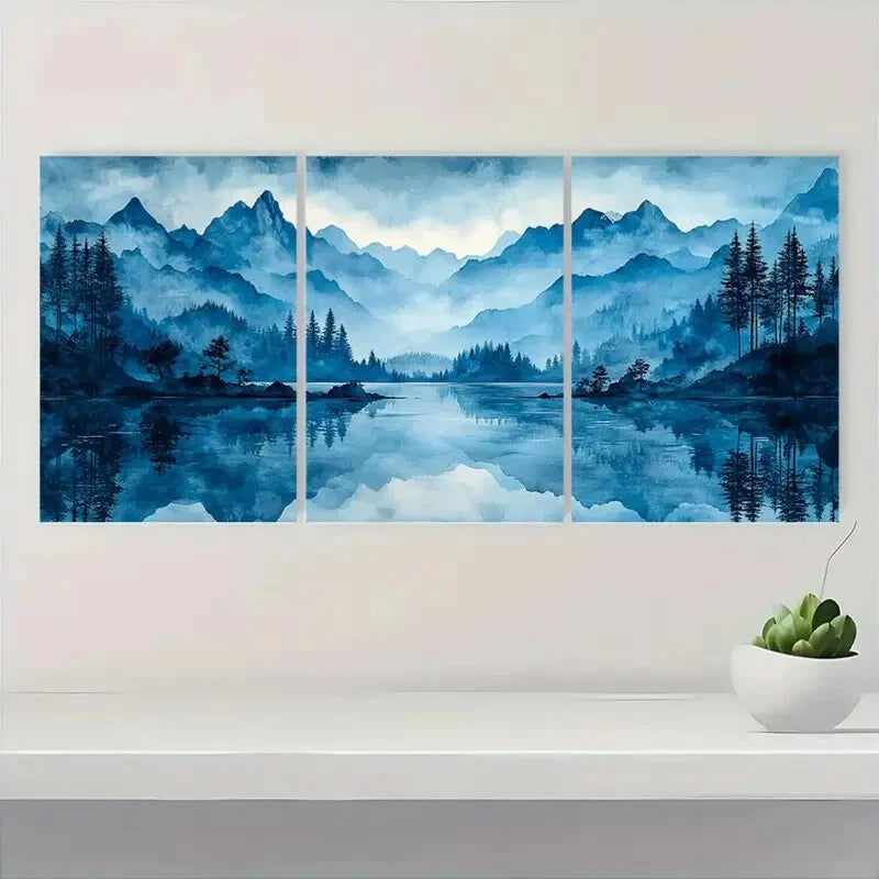 3pcs Abstract Blue & White Mountain Forest Metal Print Ready to Hang Art