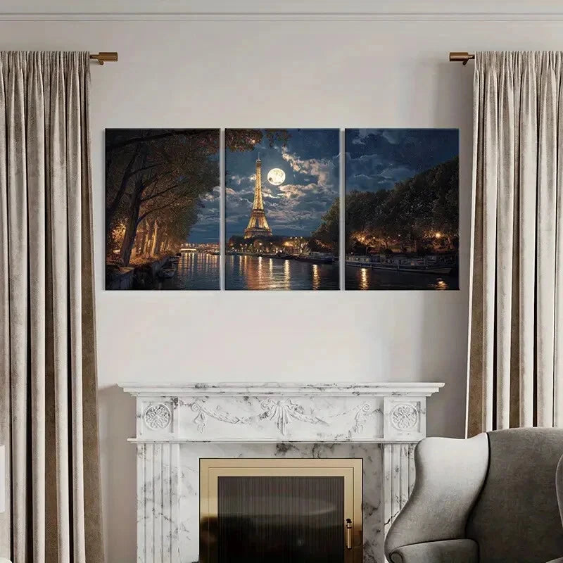 3pcs Paris Moonlit Eiffel Tower Night Scene Metal Print Ready to Hang Art