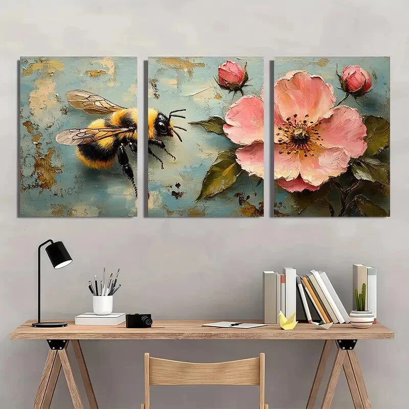 3pcs Vibrant Bee and Pink Rose Floral Art Set Metal Print Ready to Hang Art