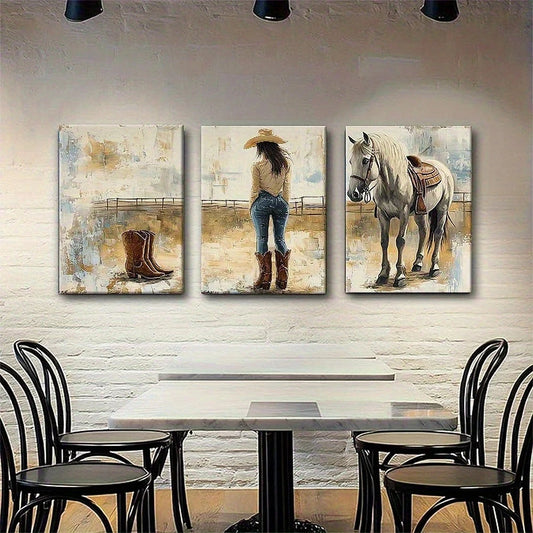 Three-piece wall art set with a cowgirl, boots, and horse on a brick wall above a dining table.