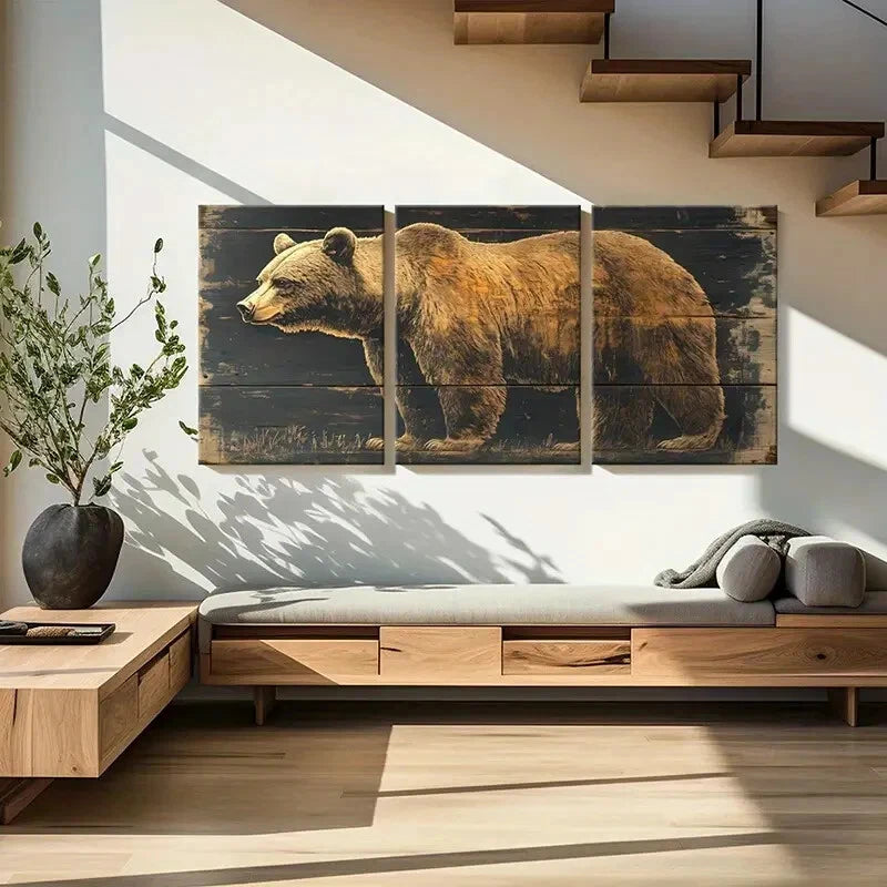 3pcs Bear Wood Texture Natural Scene Animal Metal Print Ready to Hang Art