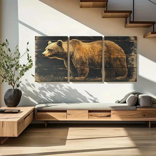 3pcs Bear Wood Texture Natural Scene Animal Metal Print Ready to Hang Art