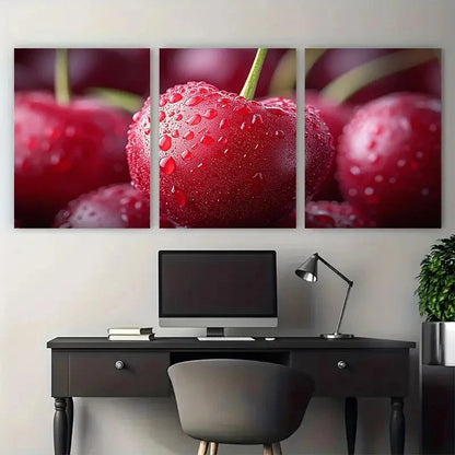 3pcs Ripe Cherry Juicy Fruit Illustration Wall Art Set Canvas Framed 60x90cm - High Quality Print 100% Australian Made Wall Canvas Ready to Hang
