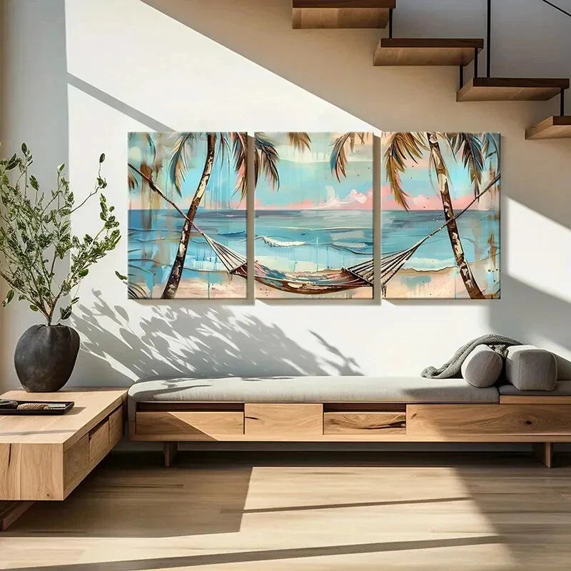 3pcs Palm Trees Hammock Ocean View Sunset Metal Print Ready to Hang Art