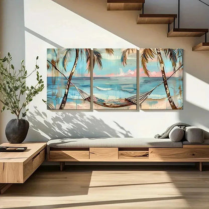 3pcs Palm Trees Hammock Ocean View Sunset Metal Print Ready to Hang Art