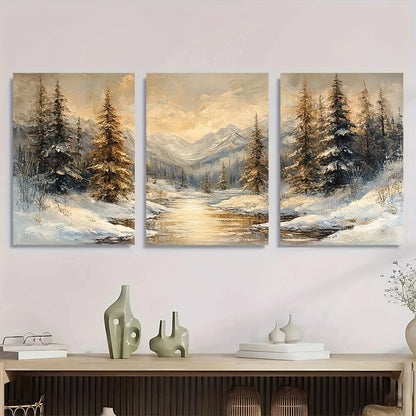 3pcs Serene Snowy Forest and Mountain White Sky Metal Print Ready to Hang Art
