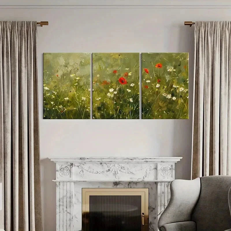 3pcs Vibrant Wildflower Field Green Landscape Metal Print Ready to Hang Art