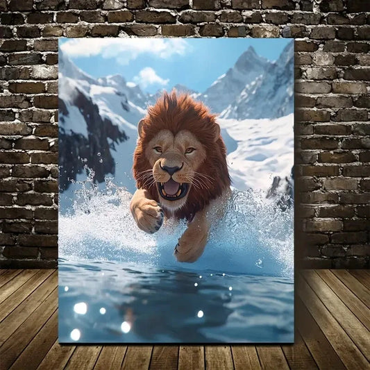 Cartoon Style Scene Of Lion Splashing in Water 40x60cm Metal Print Ready to Hang