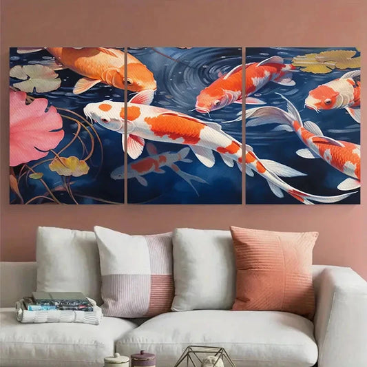 3pcs Vibrant Koi Fish and Lilly Pads Design Metal Print Ready to Hang Art