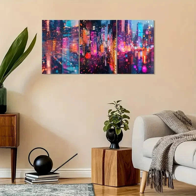 3pcs Vintage Abstract Urban Night Scene Metal Print Ready to Hang Art