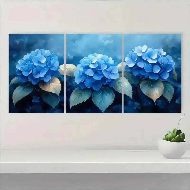 3pcs Blue Hydrangea Flower Watercolor Painting Metal Print Ready to Hang Art