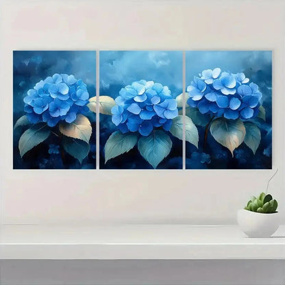 3pcs Blue Hydrangea Flower Watercolor Painting Metal Print Ready to Hang Art