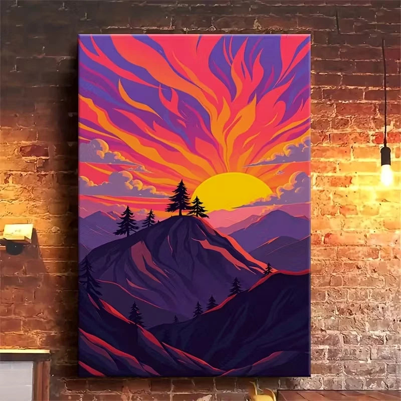 Fiery Mountain Sunset Vibrant Oil Painting  60x90cm Metal Print Ready to Hang