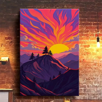 Fiery Mountain Sunset Vibrant Oil Painting  60x90cm Metal Print Ready to Hang