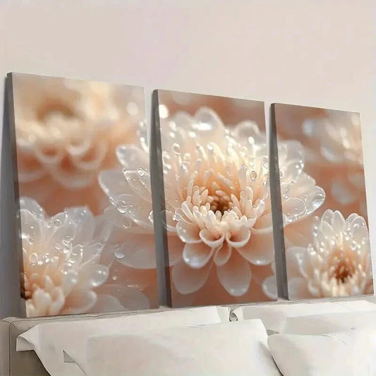 3pcs White Chrysanthemums with Water Droplets Wall Art Set Canvas Framed 40x60cm - High Quality Print 100% Australian Made Wall Canvas Ready to Hang