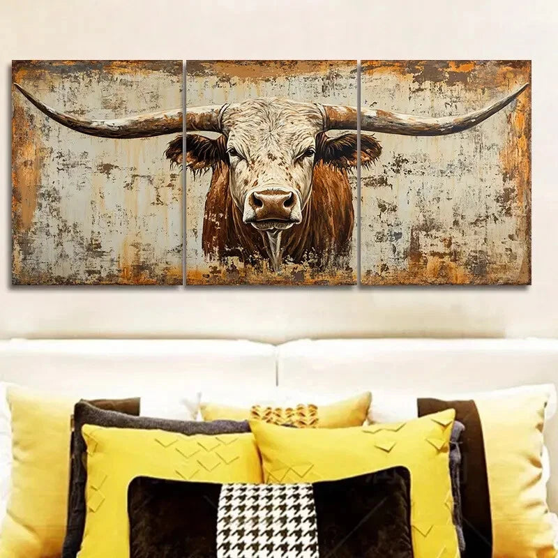 3pcs Rustic Longhorn Bull Vintage Metal Print Ready to Hang Art