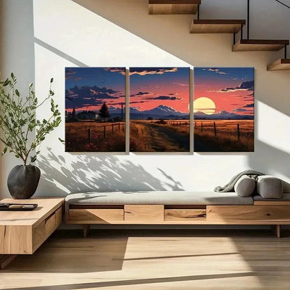 3pcs Sunset Village Country Road Landscape Wall Art Set Canvas Framed 40x60cm - High Quality Print 100% Australian Made Wall Canvas Ready to Hang