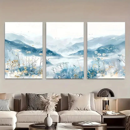 3pcs Blue Mountains Delicate Watercolor Landscape Metal Print Ready to Hang Art
