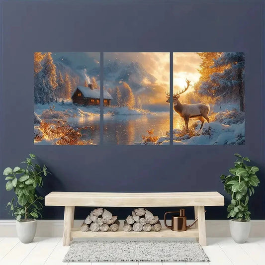 3pcs Landscape with Cozy Cabin & Majestic Stag Wall Art Set Canvas Framed 40x60cm - High Quality Print 100% Australian Made Wall Canvas Ready to Hang