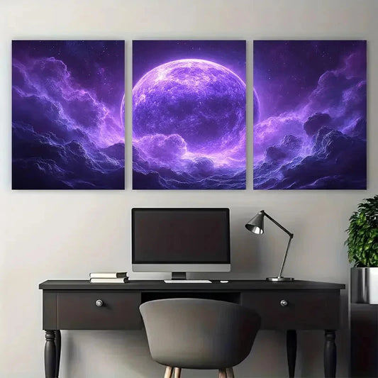 3pcs Purple Planet Cosmic Illustration Wall Art Set Canvas Framed 50x70cm - High Quality Print 100% Australian Made Wall Canvas Ready to Hang