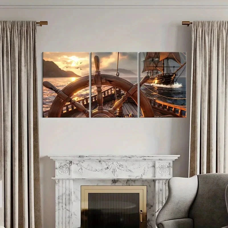 3pcs Rudder Sunset Ship Ocean Birds Art Painting Metal Print Ready to Hang Art