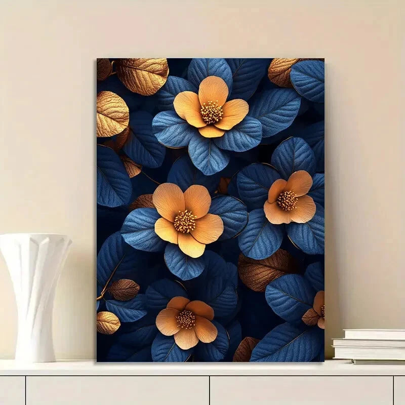 Elegant Blue and Golden Floral Leaves Design 40x60cm Metal Print Ready to Hang