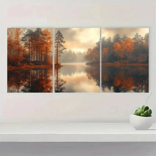3pcs Autumn Woodland Landscape Nature Art Metal Print Ready to Hang Art