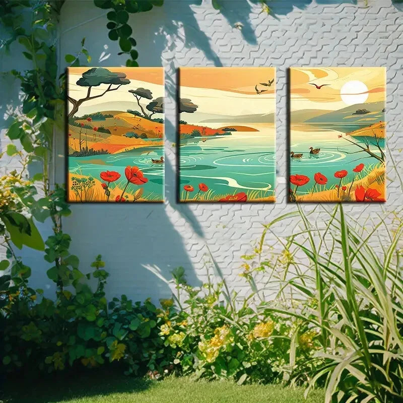 3pcs Vibrant Serene Pond and Ducks Scene Metal Print Ready to Hang Art