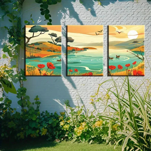 3pcs Vibrant Serene Pond and Ducks Scene Metal Print Ready to Hang Art