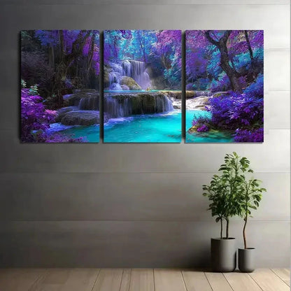 3pcs Enchanting Waterfall in Purple-Blue Forest Metal Print Ready to Hang Art