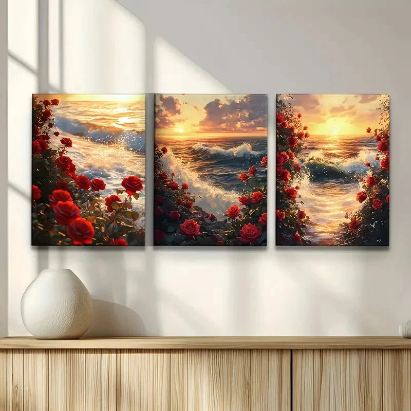 3pcs Red Rose Sunset Seascape Metal Print Ready to Hang Art
