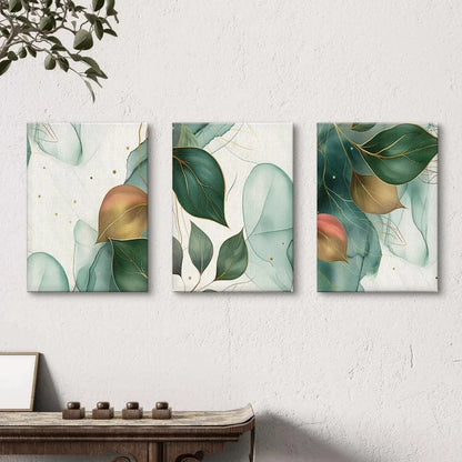 3pcs Abstract Botanical Green and Gold Leaves Wall Art Set Canvas Framed 60x90cm - High Quality Print 100% Australian Made Wall Canvas Ready to Hang