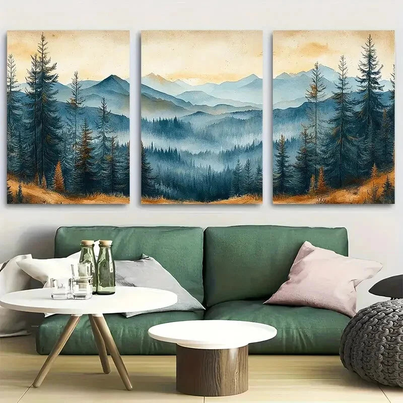 3pcs Vintage Nature Landscape with Misty Mountains Metal Print Ready to Hang Art