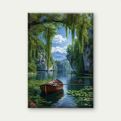 Serene Lake with Rowboat and Willows Metal Print Ready to Hang