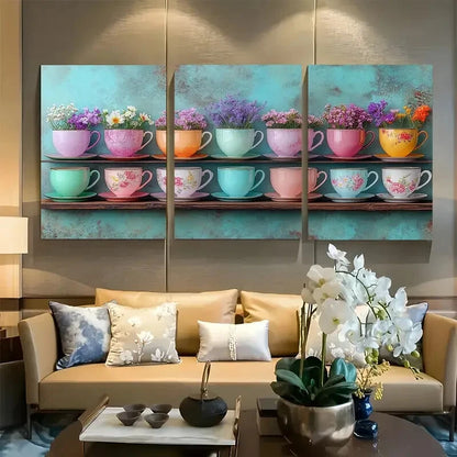 3pcs Vibrant Floral Teacup Stacks Metal Print Ready to Hang Art